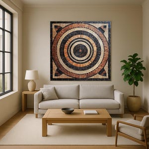 Puede incluir: Una gran pieza de arte mural de madera cuadrada con un diseño geométrico domina la habitación. La obra de arte presenta círculos concéntricos en tonos marrón, negro y beige. Cuelga sobre un sofá de color claro, complementando los tonos neutros de la habitación.