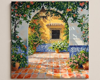May include: A vibrant painting depicts a sunlit courtyard with an arched entrance. The scene features terracotta tiles, blue and white patterned tiles, and potted plants with orange and white flowers. A yellow wall with a window is visible.