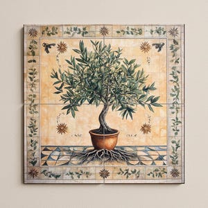 May include: Square wall art featuring a potted olive tree with exposed roots. The tree is in a terracotta pot, set against a yellow tile background with floral and geometric patterns. The artwork is framed with a decorative border.