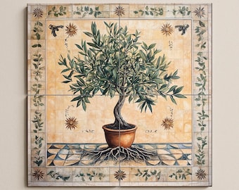 Olive tree of life ceramic tile mural with roots and terracotta pot, symbolic Mediterranean wall art, peace and prosperity decorative panel