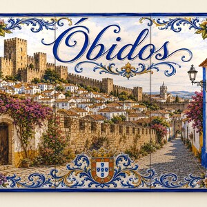 May include: A rectangular ceramic tile mural depicting the town of Óbidos, Portugal, with a stone castle, white buildings, and cobblestone streets. The scene is framed by blue and white floral patterns and includes the text Óbidos and a crest.