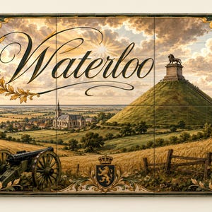 Könnte beinhalten: Ein rechteckiges Wandbild aus Fliesen mit einer Landschaftsmalerei des Schlachtfeldes von Waterloo. Die Szene zeigt einen großen grasbewachsenen Hügel mit einer Löwenstatue an der Spitze, eine Kirche, ein Weizenfeld, eine Kanone und ein Wappen.
