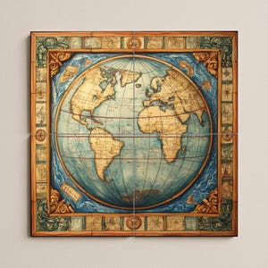 May include: A vintage-style world map, divided into four square panels. The map features a blue ocean and tan continents, with intricate border details in gold and teal. The map is a decorative piece.
