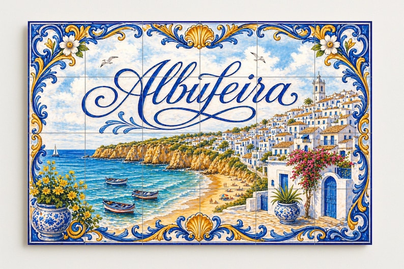 Albufeira Portugal Ceramic Tile Mural, Algarve Beach Village and ...