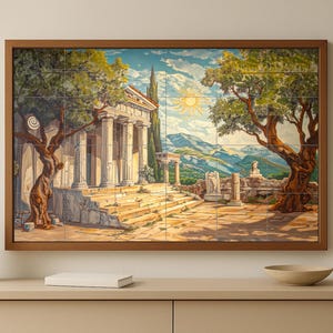 Könnte beinhalten: Gerahmtes Kachelmosaik mit einer antiken griechischen Tempelszene. Das Kunstwerk zeigt ein klassisches Gebäude mit Säulen, Stufen und Statuen, vor dem Hintergrund von Bergen, Bäumen und einer hellen Sonne. Die Farbpalette umfasst warme Erdtöne und Blau.