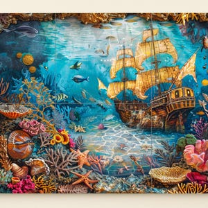May include: A detailed, colorful artwork depicting an underwater scene with a sailing ship. The scene includes coral, starfish, and various fish, with a textured, three-dimensional effect. The ship has golden sails.