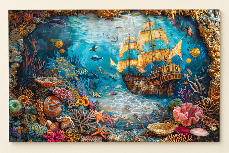 May include: A detailed, colorful artwork depicting an underwater scene with a sailing ship. The scene includes coral, starfish, and various fish, with a textured, three-dimensional effect. The ship has golden sails.