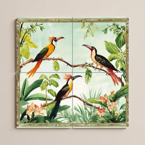 Exotisk tropisk fågel keramisk väggmålning | Färgglad tukan djungeldesign för köksbakstänkskydd, uteplats eller vardagsrumsinredning