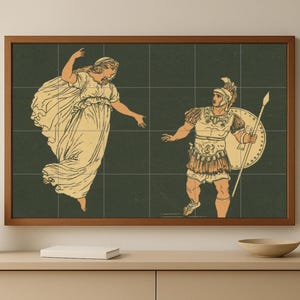May include: A framed print featuring a classical illustration of two figures. One figure is a woman in a flowing gown, and the other is a warrior in armor. The artwork is in shades of cream, tan, and brown against a dark green grid background.