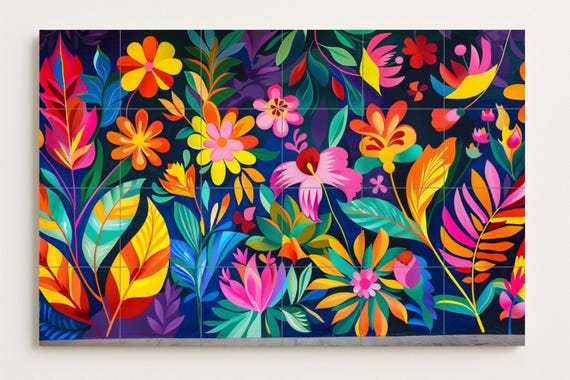 Colombian Floral Mural • Carnival Jungle Tile Wall Art • Tropic