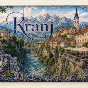 Kranj Slovenia tile mural - Old Town on Kokra River with church spire and Alpine backdrop, ceramic wall art for kitchen and patio
