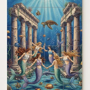 Puede incluir: Una vibrante escena submarina con seis sirenas de cabello suelto y colas coloridas, nadando cerca de columnas antiguas. La obra de arte incluye peces, una tortuga marina y un delfín, todo sobre un fondo azul.