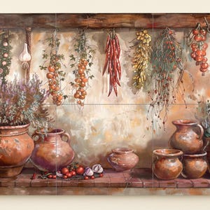 May include: A painting depicting a rustic kitchen scene. Terracotta pots hold herbs and plants, with garlic, tomatoes, and chillies hanging above. The artwork creates a warm, inviting atmosphere, reminiscent of a traditional pantry.