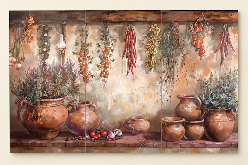 May include: A painting depicting a rustic kitchen scene. Terracotta pots hold herbs and plants, with garlic, tomatoes, and chillies hanging above. The artwork creates a warm, inviting atmosphere, reminiscent of a traditional pantry.
