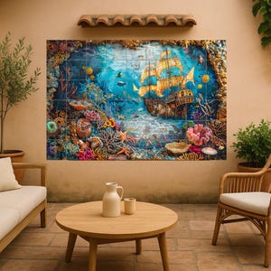 Colorful deep sea mural with golden coins, exotic fish, and coral cave—ideal for dynamic patios or creative outdoor walls with adventure.