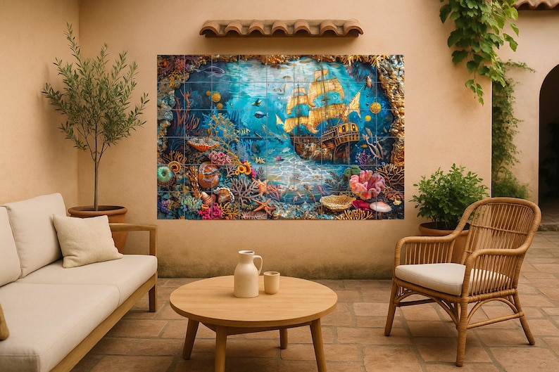 Colorful deep sea mural with golden coins, exotic fish, and coral cave—ideal for dynamic patios or creative outdoor walls with adventure.
