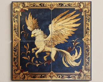 Mural de cerâmica com grifo dourado, moldura heráldica e fundo azul escuro, arte em azulejo com criatura mítica fantástica, decoração medieval feita à mão