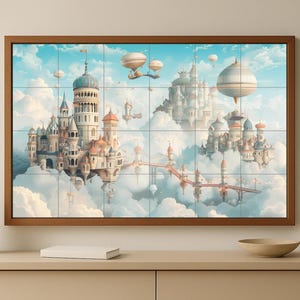 Peut inclure: Une œuvre d'art encadrée représentant une cité fantastique avec des châteaux flottant dans les nuages. L'œuvre présente un ciel bleu, des nuages blancs et des dirigeables. Les châteaux ont des dômes et des flèches, reliés par des ponts.