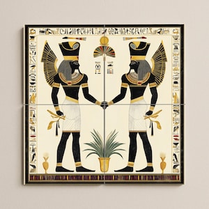 May include: A four-panel artwork depicting two figures in black, gold, and white, holding hands. They wear elaborate headdresses and skirts, with hieroglyphs and decorative borders. A potted plant is centered below them.