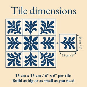 15x15 cm or 6" x 6" blue and white ceramic tile dimensions, modular design for creating custom murals and mosaics. Perfect for interior decoration, kitchens, and bathrooms