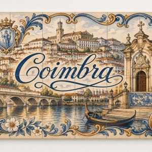 May include: A decorative tile featuring a watercolor painting of Coimbra, Portugal. The image includes a bridge, buildings, and a boat on the water, with the city name in elegant script. The tile is framed with blue and gold floral designs.