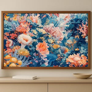 Murale con barriera corallina • Parete artistica con piastrelle oceaniche • Decorazione marina tropicale • Pannello con natura acquatica • Pezzo da cucina costiero • Ceramica con mondo sottomarino