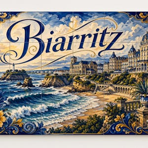 May include: A decorative tile panel featuring a coastal scene of Biarritz, France. The artwork depicts a beach, buildings, and the text "Biarritz" in elegant script. The color palette includes blues, yellows, and whites.