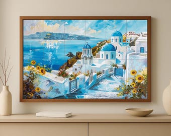 Ceramiczny mural ścienny Santorini • Widok na grecką wyspę z niebieskimi kopułami • Białe domy Cyklad i sztuka morska • Śródziemnomorski wystrój kuchni