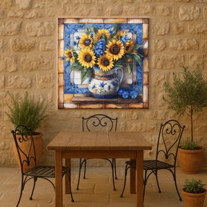 Puede incluir: Una vibrante obra de arte mural que presenta un ramo de girasoles y flores azules en un jarrón decorativo. El jarrón se coloca sobre un estante dentro de un marco de azulejos azules y blancos. La escena está ambientada al aire libre con una mesa de madera y sillas de hierro forjado.