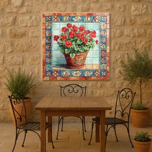 Può includere: Un'opera d'arte su piastrelle incorniciata raffigurante un vaso di terracotta pieno di gerani rossi e foglie verdi. L'opera è circondata da un bordo decorativo di piastrelle blu, rosse e arancioni. La scena è ambientata all'aperto con un tavolo di legno e sedie in ferro battuto.
