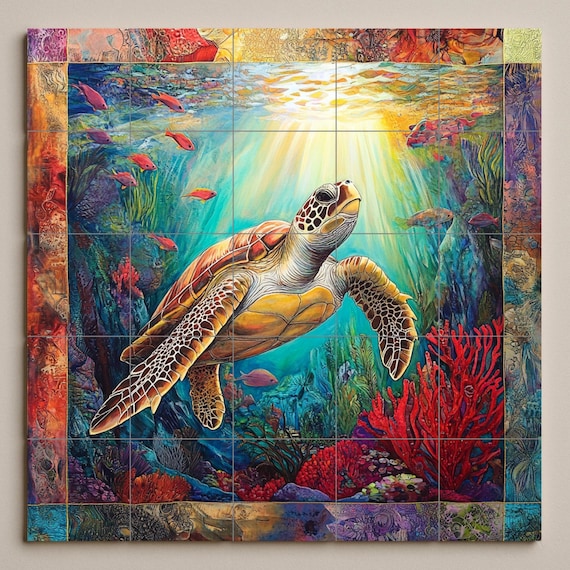 ウミガメのセラミックタイル壁画 | カラフルな魚が描かれた海の