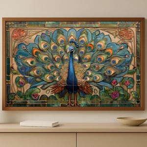 May include: A framed artwork featuring a peacock with a vibrant display of blue, green, and orange feathers. The artwork has a detailed, stained-glass style with floral accents and a wooden frame. The peacock is centered, with its tail fanned out.