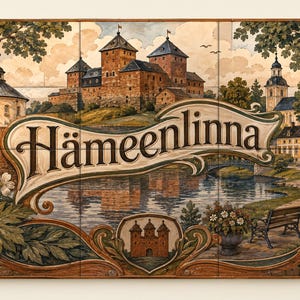 May include: A rectangular wall art piece composed of six tiles featuring a detailed illustration of Hämeenlinna Castle. The scene includes a lake, a park with a bench, street lamps, and white flowers. The text Hämeenlinna is centered in a banner.
