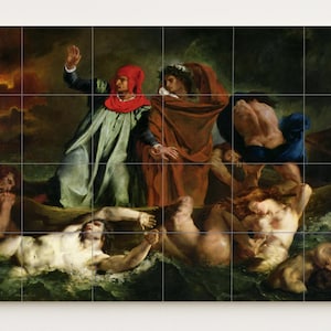 Puede incluir: Una gran obra de arte mural que representa una escena dramática con figuras en un bote y en el agua. La obra de arte presenta una paleta de colores oscura y melancólica con figuras en varios estados de angustia, con un fondo ardiente.