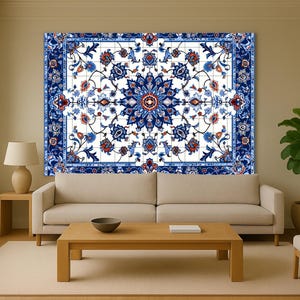 Ornamental mural with Persian floral geometry and medallion center, perfect for elegant living rooms inspired by Middle Eastern art.