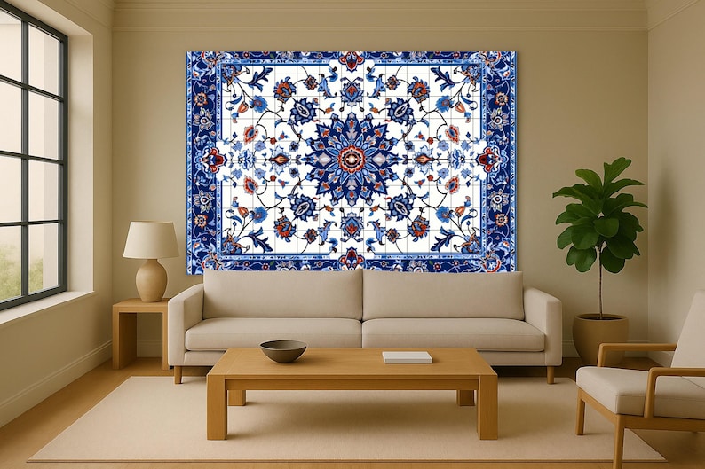 Ornamental mural with Persian floral geometry and medallion center, perfect for elegant living rooms inspired by Middle Eastern art.