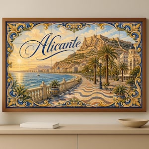 May include: A framed tile art piece featuring the word "Alicante" in elegant script. The artwork depicts a coastal scene with a mountain, palm trees, and a promenade. The frame has a decorative blue and gold border.