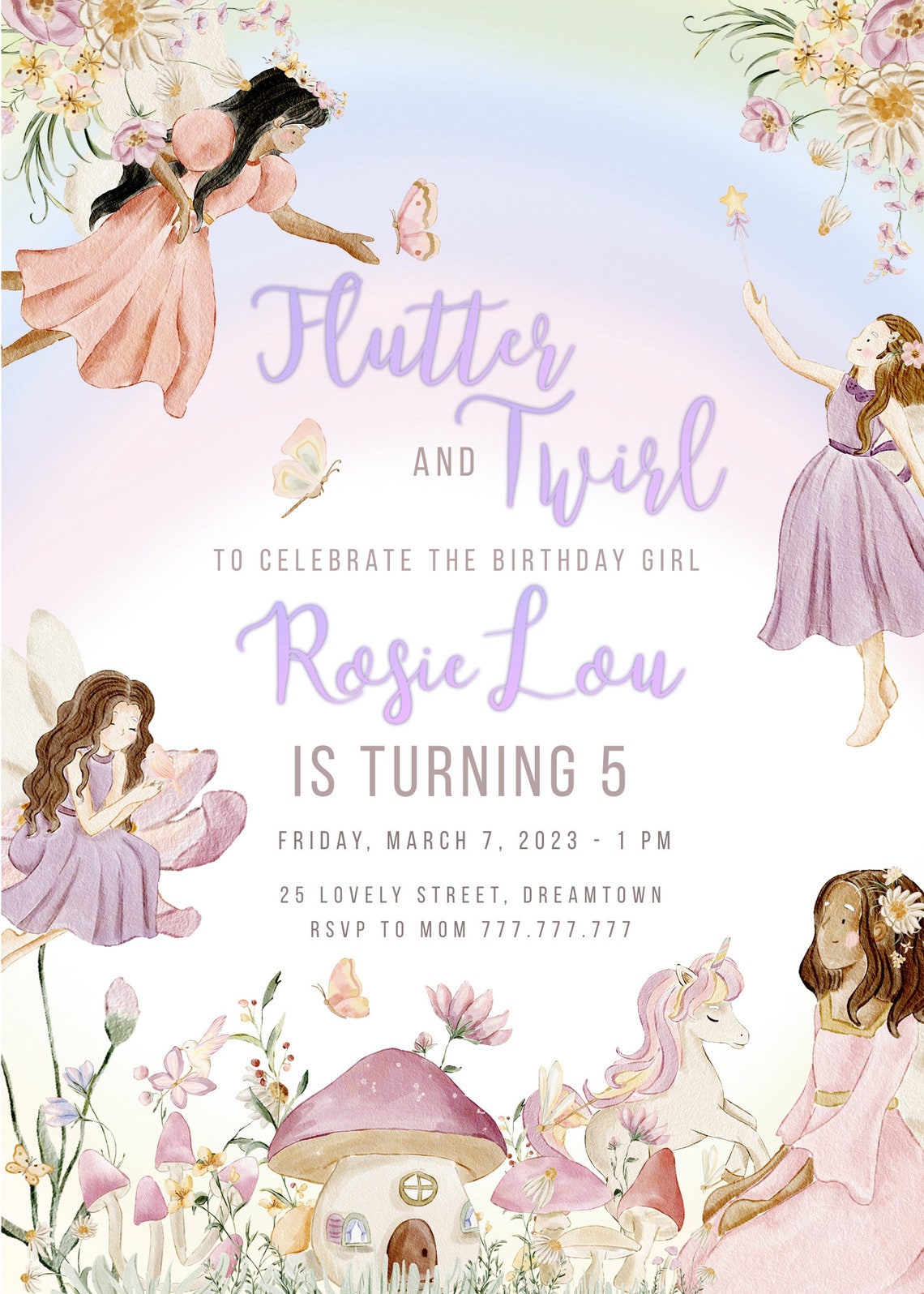 Editable Birthday Invitation | Flutter & Twirl | Fairy - Etsy