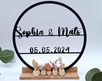 Deko Aufsteller personalisiert mit Holzständer, Ring mit Namen oder/und Datum und Trockenblumen, Einzugsgeschenk, Geburt, Hochzeit, 3D Druck