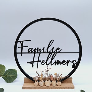 Decorative stand, wreath personalized with wooden stand, ring with name and dried flowers, housewarming gift, birth, wedding, 3D print