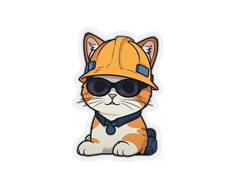 Cute Cat Sticker, Pet, Kiss-Cut Stickers, Worker Cat, Builder Cat.