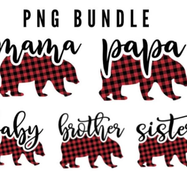 Mama, Papa, Brother, Sister, & Baby Bear PNG Bundle | Buffalo Plaid Christmas Bear Bundle | DIY Christmas Pajamas PNGs | Sublimation Files