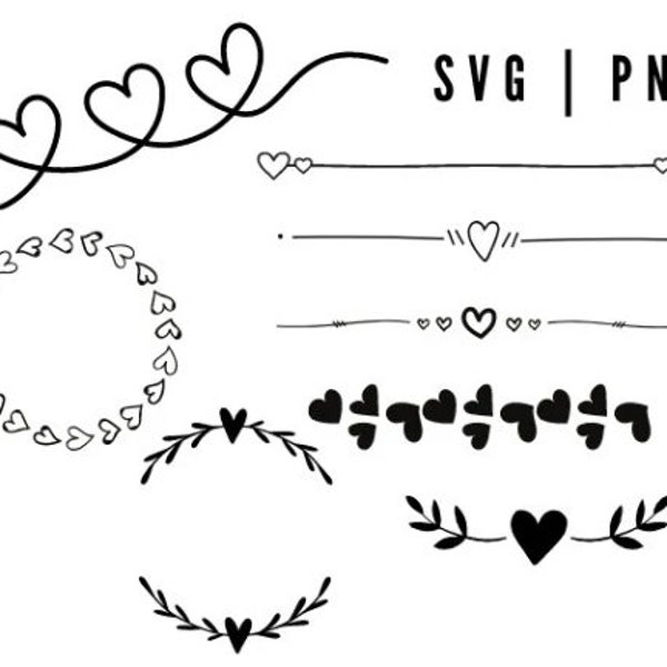 Bordes del corazón y marco SVG/PNG Bundle / Elementos decorativos del corazón / Corazones en bucle / Marco del monograma del corazón / Borde del corazón / SVG / Sublimación
