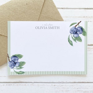 Personalized Watercolor Plum Stationery Set: 12 Flat Note Cards for Custom Correspondence Gift