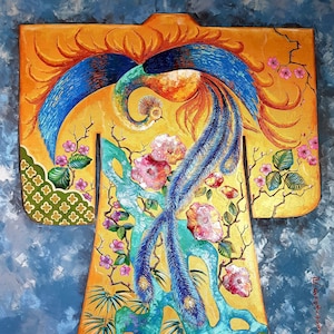 Pintura quimono arte original 48x40, decoração japonesa de luxo para casa, arte de parede grande, ideia de presente, decoração de inspiração asiática, arte contemporânea de parede