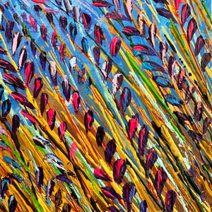 May include: Abstract painting of a field of tall grass with purple, pink, yellow, and green brushstrokes. The background is a light blue.