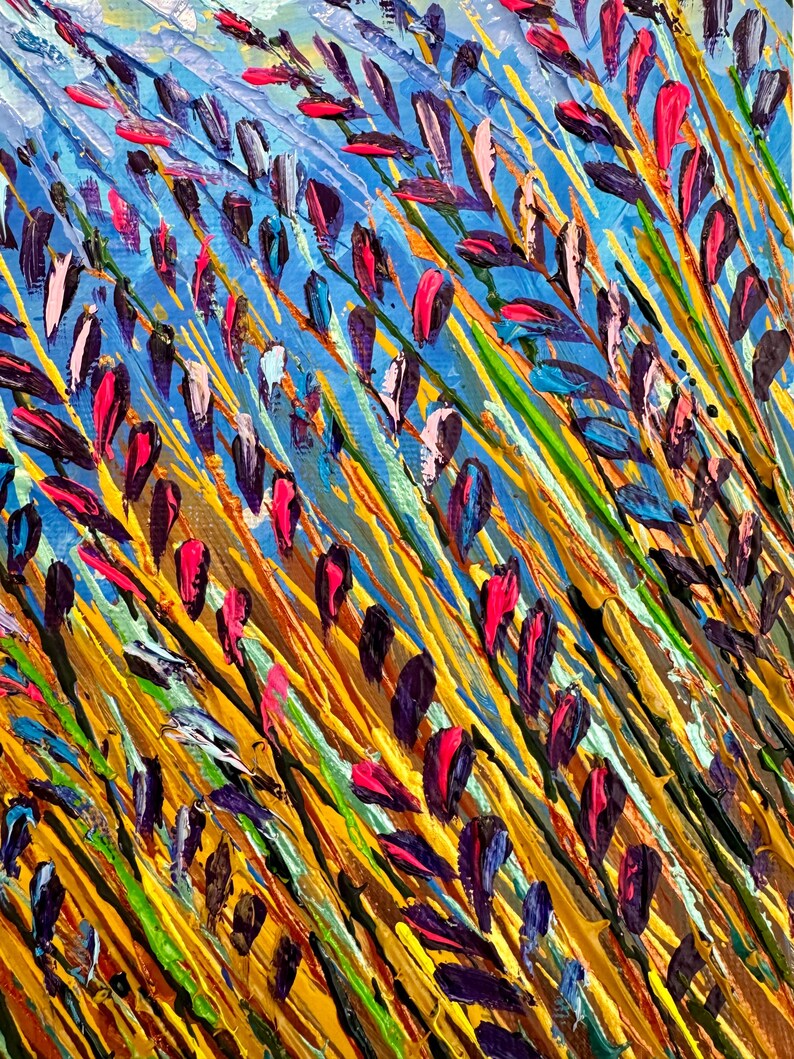 May include: Abstract painting of a field of tall grass with purple, pink, yellow, and green brushstrokes. The background is a light blue.