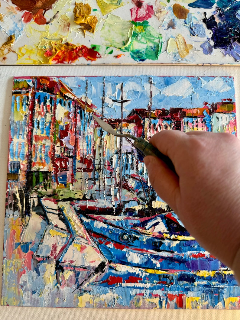 yacht painting, original oil painting, seaport painting, city landscape, oil painting, port with yachts, port city, Italian oil landscape image 6