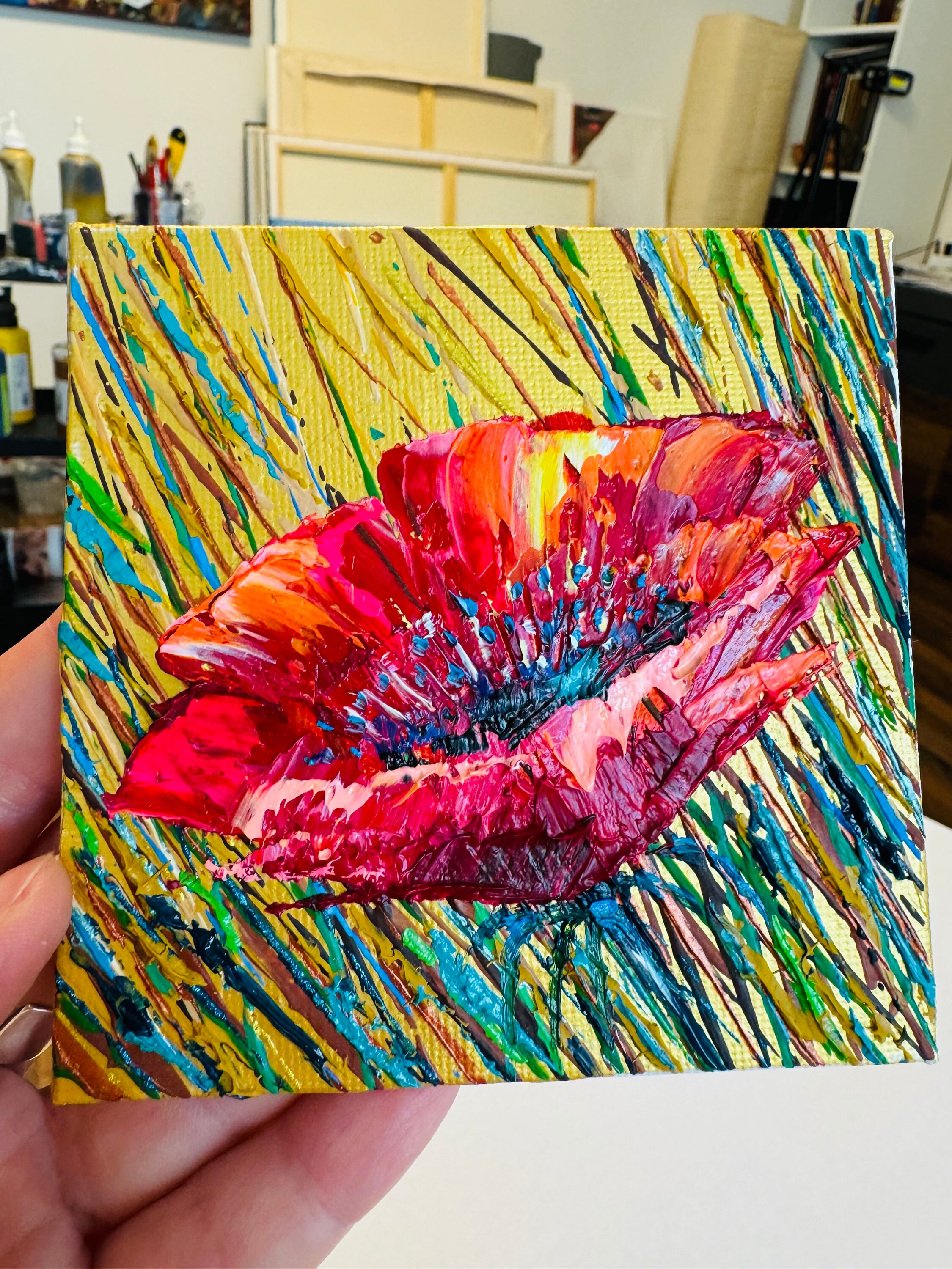 Poppy Painting Original Oil Artwork 10x10 California Big Red Poppy Impasto Flower Painting Miniature Wall Art by FineartNatasha