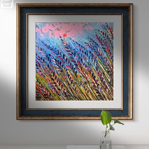 May include: A framed abstract painting depicting a field of tall, purple flowers against a pink and blue sky. The painting is created in a thick, textured style with visible brushstrokes.